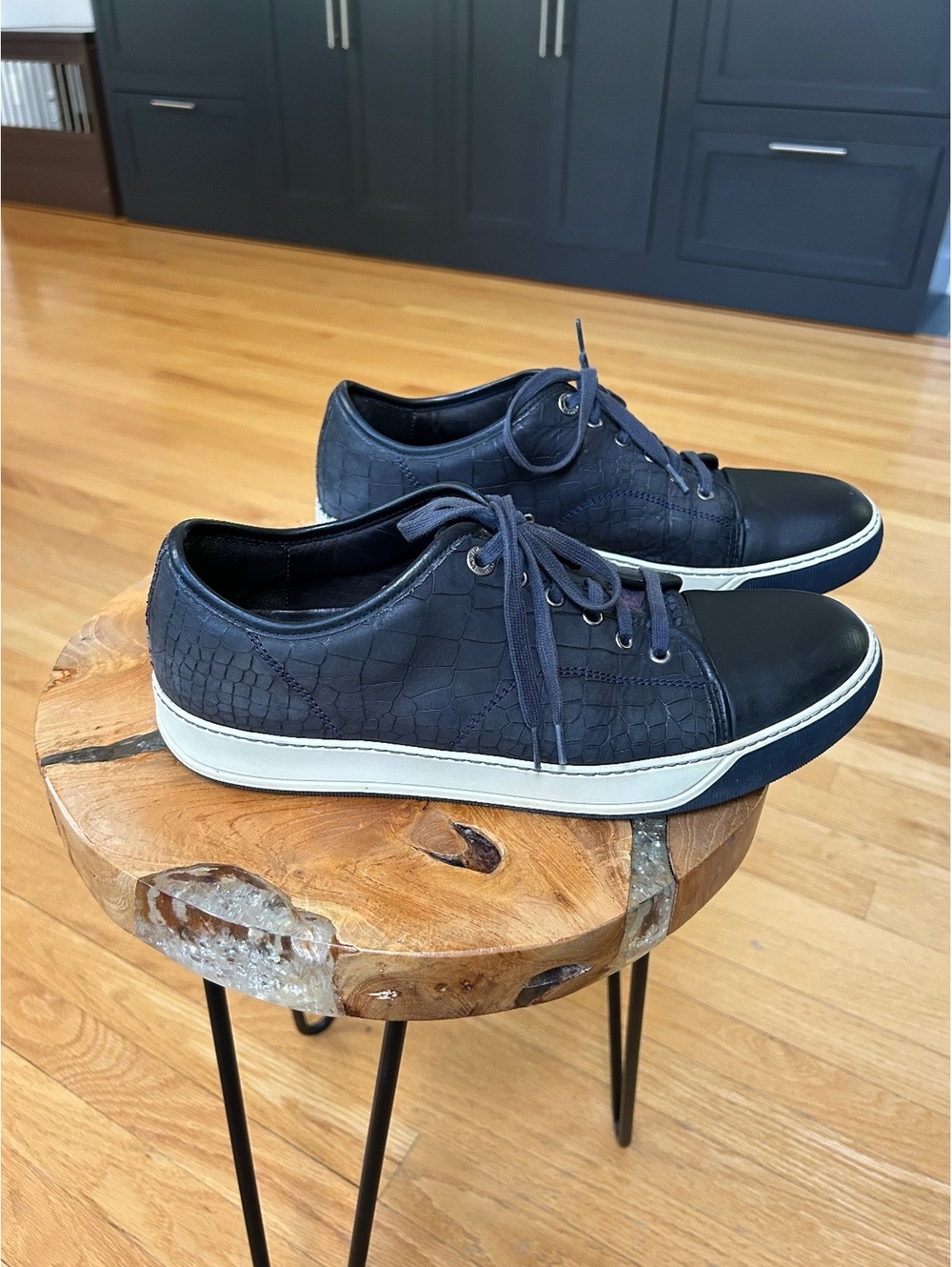 Lanvin Blue Leather and Croc Embossed Sneakers Size 10US